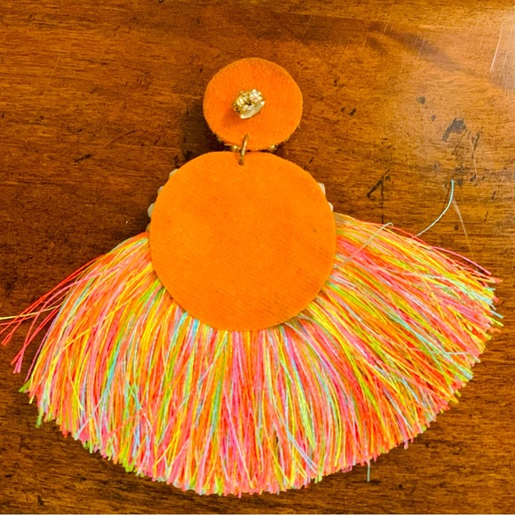 NEIMAN MARCUS Neon Orange & Turquoise Boho Hand Beaded Fringe Statement Earrings - Picture 11 of 15